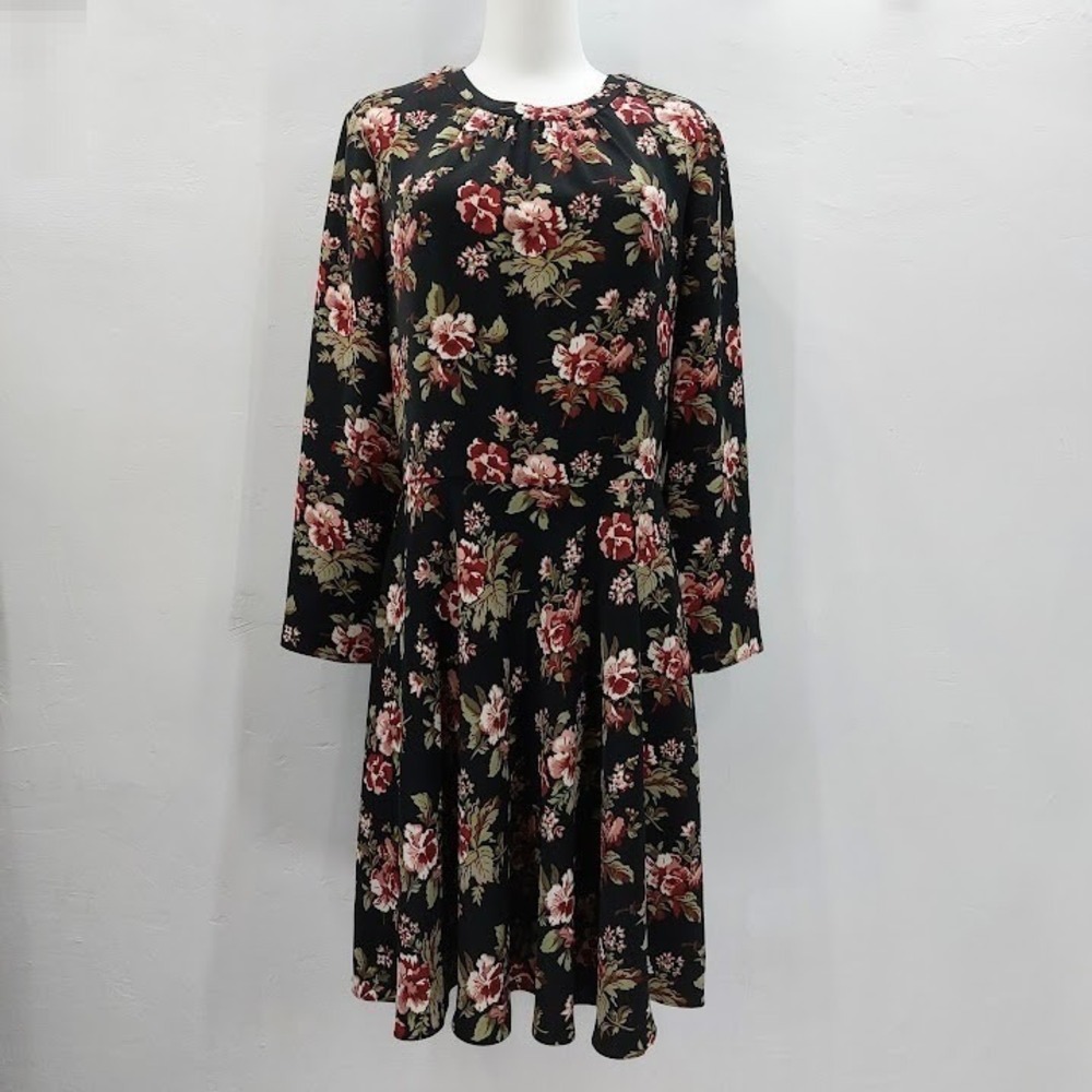 Brooks Brothers Red Fleece Dress Women's 8 Black Floral Flare Cottagecore